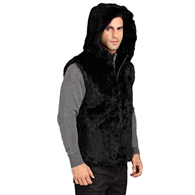 Manyfurs Male Black Fur Vest Genuine Rabbit Fur Men's Hooded Coat with Fur Hat