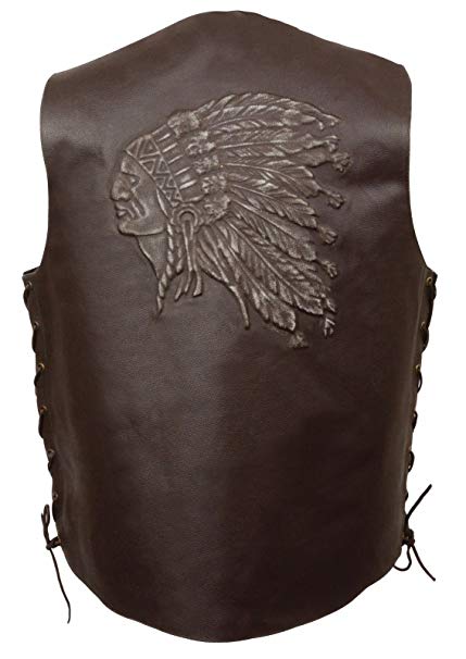 MEN’S MOTORCYCLE BROWN INDIAN HEAD EMBROIDERED LEATHER VEST W/SIDE LACES GREAT (L Regular)