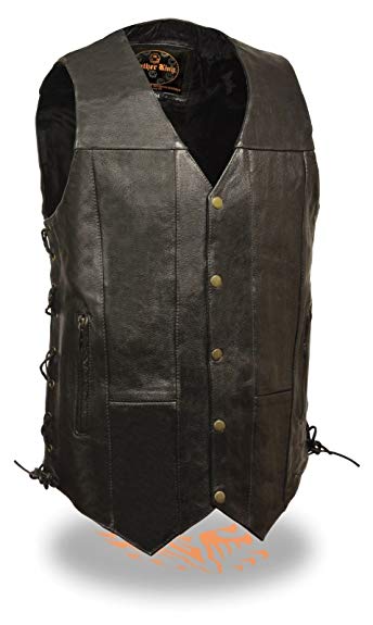 Milwaukee Men's Motorcycle Riders 10 Pocket Black Tall Cow Leather Vest W/Sides Lace New