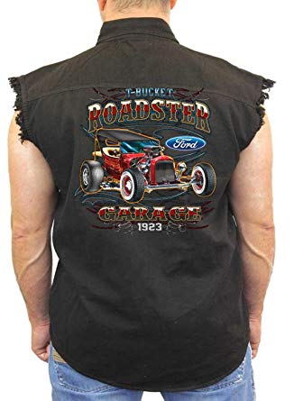 Licensed Ford Denim Vest T-Bucket Roadster Garage Mens Sleeveless Biker Wear M-5XL