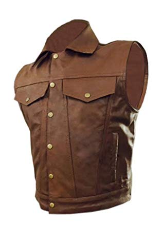 Olly And Ally Mens Real Cow Leather Brown Motorcycle Biker Style Vest Waistcoat - (B13B)