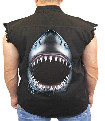 Shark Week Denim Vest Shark Bite Jaw Sea Predator Mens Sleeveless Biker Wear M-5XL