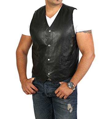 A1 FASHION GOODS Mens Real Black Leather Waistcoat Traditional Style Gilet - A22
