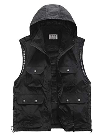Tanming Men's Hooded Multi Pockets Outdoor Photography Fishing Mesh Vest Jacket