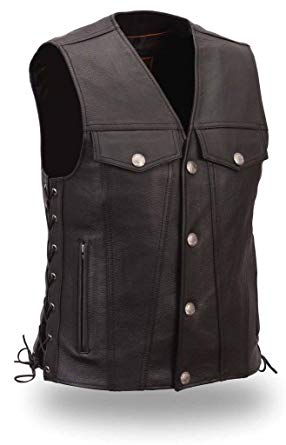 Mens The Rushmore Black Leather Snap Front Motorcycle Vest Buffalo Nickel Snaps