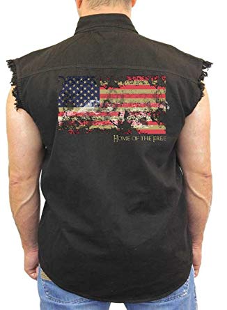Patriotic Denim Vest Home Of The Free Distressed American Flag Mens Sleeveless Biker Wear M-5XL