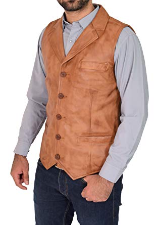 A1 FASHION GOODS Mens Genuine Tan Soft Leather Waistcoat Revere Collar Western Vest Yelek Rhys