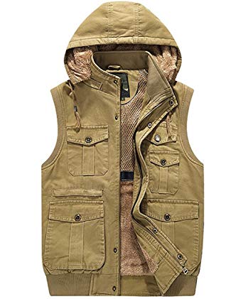 JEWOSOR Men's Cotton Military Gilets Vest Outdoor Multi Pockets Sleeveless Hooded Jacket Top Fishing Hunting Shooting Hiking
