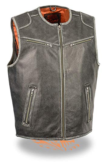 Milwaukee Men's Motorcycle Vintage Distressed Grey Leather Vest Soft with 2 Gun Pockets