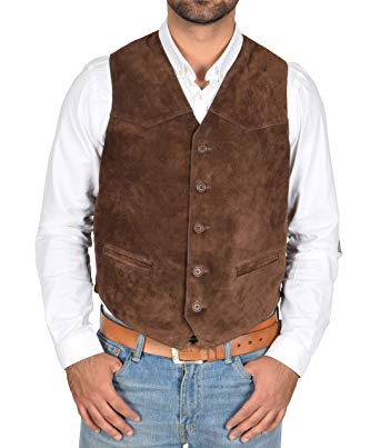 Mens Real Suede Waistcoat Classic Style Soft Brown Suede Leather Vest Gilet - Cole