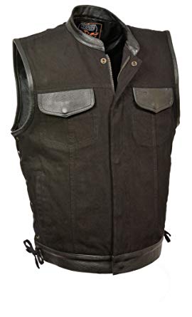 Men's Side Lace Denim Vest w/ Leather Trim & Hidden Zipper (Black,)