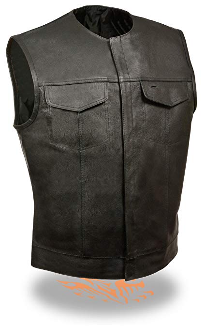 Men's SOA Collarless Leather Vest w/ Inside Gun & Drop Pocket Perfect for Club Colors & Patches (Large)